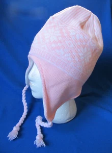 NEW Pink Knit Snowflake Winter Hat Fleece Lined with Ear Flaps Ties Youth Size - Picture 1 of 2