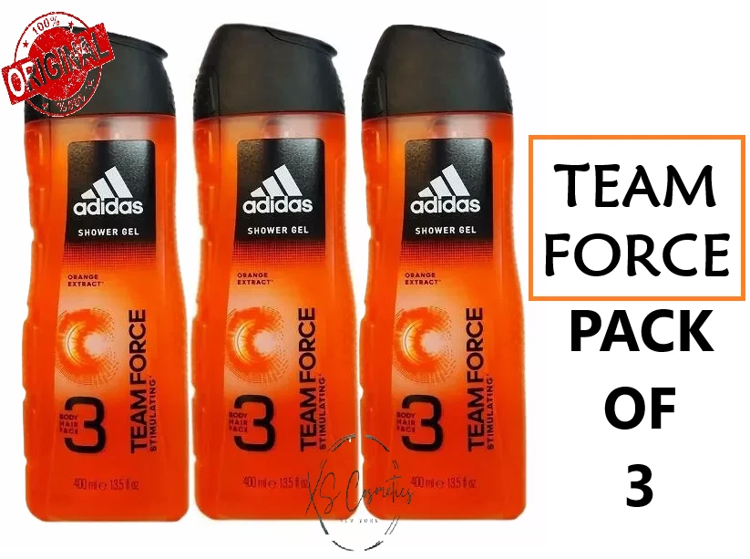3X ADIDAS TEAMFORCE STIMULATING SHOWER GEL 3 IN 1 HYDRATING 400ML PACK OF 3 ORAN - Image 1 of 1