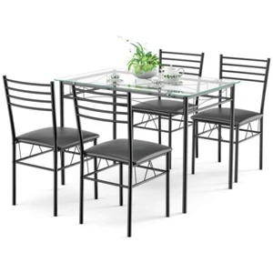 5 PCS Dining Kitchen Metal Set W/Tempered Glass Top Table & 4 Upholstered Chairs - Picture 1 of 17