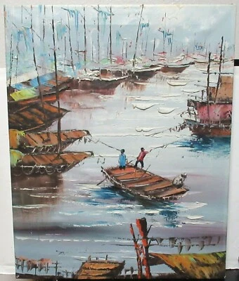 PINTURA ORIGINAL AL ÓLEO SOBRE LIENZO BARCOS PESCADORES CHINOS ROBERT LO  Foto 1 de 4