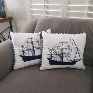 Pier 1 Imports White/Blue Indoor Outdoor Nautical Tall Ship Pillows - Set of 2 - Picture 1 of 7