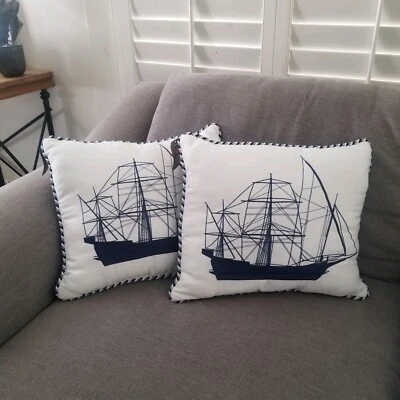 Pier 1 Imports White/Blue Indoor Outdoor Nautical Tall Ship Pillows - Set of 2 - Image 1 of 4