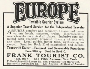Europe Cruise system Frank Tourist Company 1927Black & white printed ad 2 1/2 x - Picture 1 of 5