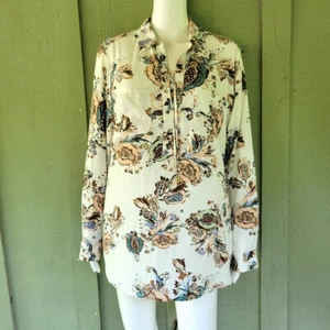 CHICO'S White Floral Print Shirt Cross Tie Blouse Sz 2 or US 12 - Picture 1 of 4
