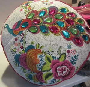 Decorative Circle Throw Pillow peacock design embellished - Picture 1 of 9