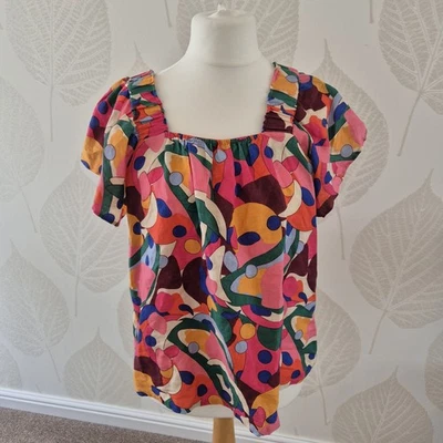Next Size 12 REDUCED Colourful 100% Linen Bardot Top Square Neck Summer Holiday - Image 1 of 4