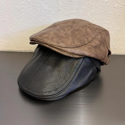 American Retro Leather Solid Color Mens and Womens Autumn Winter Casual Beret - Image 1 of 4