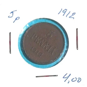 FINLAND/RUSSIAN EMPIRE 5 Penni Copper coin VF (very fine) Nicholas II 1912 #15 - Picture 1 of 2