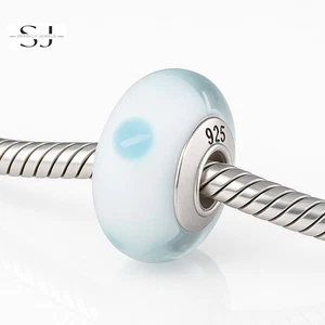 925 Sterling Silber Weiß & Blau Polka Murano Glas Charm Perle für Armbänder - Bild 1 von 5