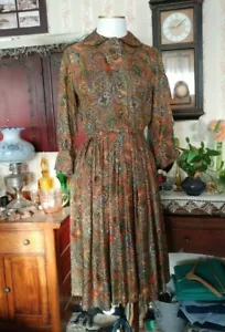 Vintage Handmade Kleid 50er Jahre Gold Paisley Print Plissee Knopfleiste wadenlang - Bild 1 von 6