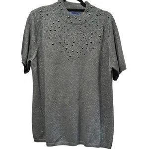 Susan Graver Style XL Knit Short Sleeve Top W/ Embellished Beading Design Gray - Picture 1 of 6