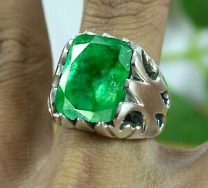 925 Sterling Silver Rectangle Emerald Gemstone Father Gift Boy Mens Ring Jewelry