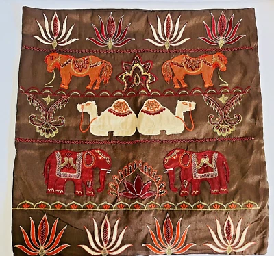 Pier 1 Imports Embroidered Elephant Square Camel Zippered Pillow Cover Detailed - Image 1 of 4