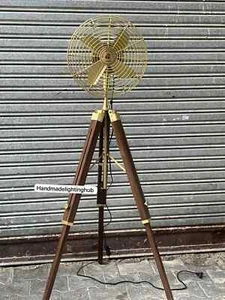Retro Royal Navy Style Brown Nautical Pedestal Floor Fan–Industrial Wood Tripod - Picture 1 of 6