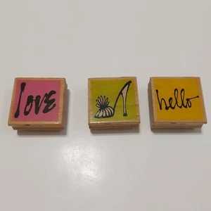 Vap Scrap Wood Rubber Stamps 3 pc Love Shoe Hello 2 Inch Square - Picture 1 of 3