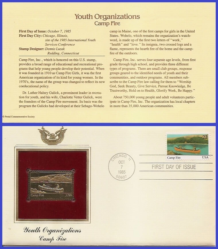 USA8 #2163 U/A GOLDEN REPLICA FDC   Camp Fire Inc. 75th Anniversary Boy Scouts - Image 1 of 1