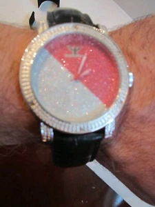 DIAMOND KING WATCH 6 AUTHENTIC DIAMONDS ON BEZEL DK70W 1 EXTRA BAND 48mm CASE - Picture 1 of 7