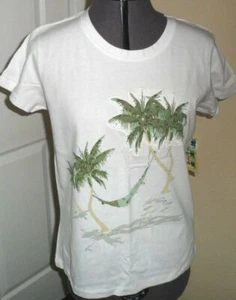***CAMISA TOP PUNTO PALM GROVE TALLA PS BLANCA ESCENA TROPICAL LENTEJUELAS 100% ALGODÓN NUEVA CON ETIQUETAS - Imagen 1 de 1