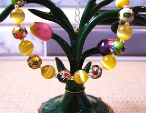 Beautiful Fancy 925 Sterling Silver Cloisonne and Golden Cats Eye Bracelet F78 - Picture 1 of 4