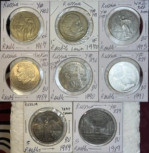 RUSSIA 1967 - 1991 Commemorative 1, 3 & 5 Roubles XF - BU Condition 8 Coin Lot - Picture 1 of 15