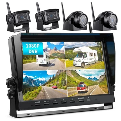 10.1" Wireless DVR Quad Split Monitor Rear Side Backup Camera for RV/Truck Bus - Image 1 of 4
