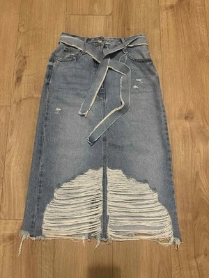 Zara TRF midi ripped denim skirt with a belted waist and raw hem Size S - Image 1 of 4