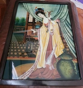 Vtg Oriental Chinese Reverse Painting on Glass 23" x 14" Geisha Girl Framed - Picture 1 of 3