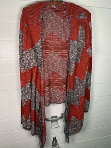 Vanity Open Front Chevron Knit Cardigan Sweater Fringe Red Black White Women XL - Picture 1 of 7