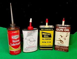 Lote de 4 latas de aceite doméstico vintage de 4 oz exteriores Texaco Sid Harveys Bux - Imagen 1 de 6