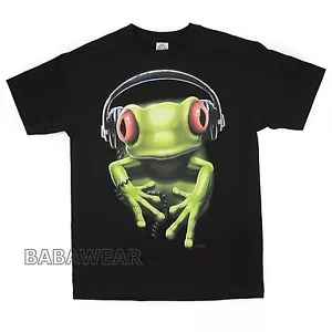 Headphone Frog T-Shirt Black Green Todd Music Earphone Rock BABA - Picture 1 of 2