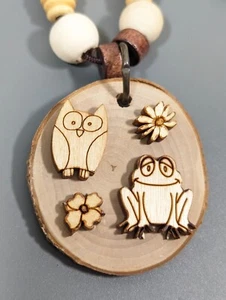 Artisan Brown Wood Owl Frog Flower Round Pendant Beaded Cord Necklace 30 inch - Picture 1 of 11