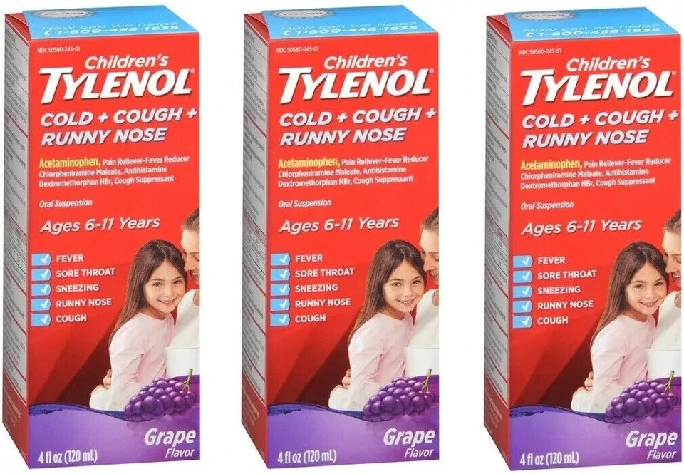 Tylenol infantil frio + tosse + nariz escorrendo sabor uva oral 4 oz (pacote com 3) - Imagem 1 de 1