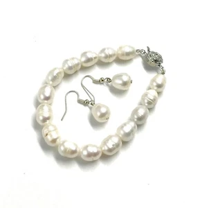 NEW 10mm Off White Baroque Freshwater Pearl Earrings Bracelet set #002 - Picture 1 of 4