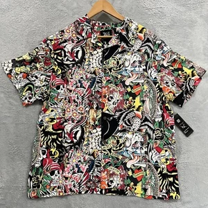 Ed Hardy Shirt Mens Large Button Up Hawaiian Art Japanese Tattoo Collage - Picture 1 of 9