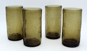 Vintage Lot of 4 Blenko Style Dark Smoky Amber Crackle Glass Dimple Tumblers - Picture 1 of 7