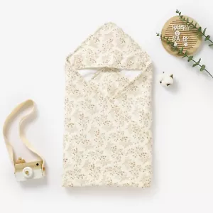 Neutral Floral Organic Cotton Muslin Hooded Baby Towel Neutral Shower Gift - Picture 1 of 5