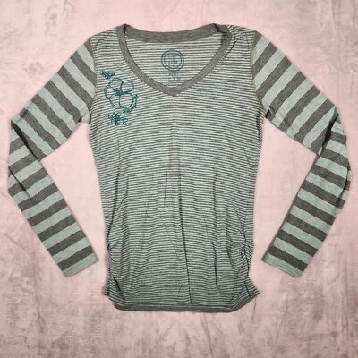 Life is Good Shirt Womens Small Green Striped Floral Ruched Sides Long Sleeve - Image 1 of 4