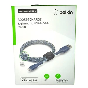 Belkin BOOSTCHARGE Braided Micro USB-A Cable + Strap 5 Ft Blue Camo New Sealed - Picture 1 of 7