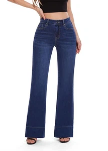 Women's Flare High Waisted Bell Bottom Wide Leg Baggy Stretch Denim Jeans (Da... - Picture 1 of 7