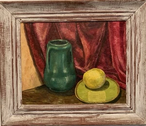 VTG Signed Still Life Painting Green ART POTTERY Vase Fruit Framed 27x 23 WOW! - Picture 1 of 13