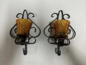 Vintage Spanish Style Wall Candelabras With Diamond Glass Votives 9" - Picture 1 of 1