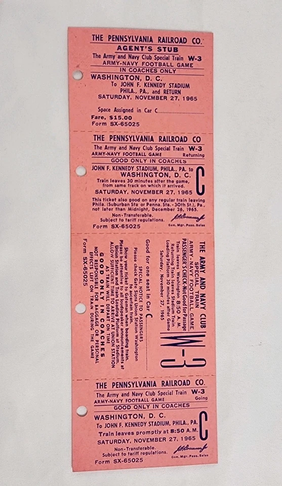 1965 PA Railroad Train Ticket Army Navy Football Game DC To Philadelphia W-3 Pin - Image 1 of 1