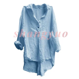 Lady Cotton Linen T-shirt Loose V-neck Tops Long Sleeve Blouse Button Solid Soft - Picture 1 of 12