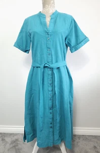 PATRA Dress Size Medium UK 12 14 Turquoise Linen Shirt Dress with Belt - Picture 1 of 6