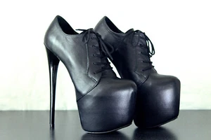 New Matte Black Genuine Leather Oxford Sky High Heel Platform 8" Booties Size 6 - Picture 1 of 7