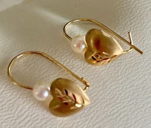 14K Gold Heart Earrings White Pearl Bead Etched Hook Dangle Drop Pierced - Picture 1 of 5