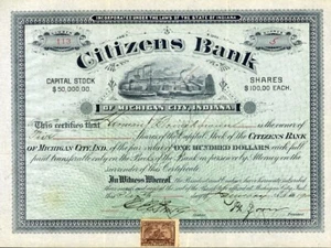 1900 Citizens Bank of Michigan City, Indiana Stock Certificate - Picture 1 of 1