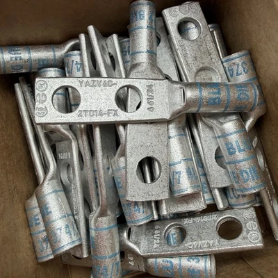 25-Pack Burndy YAZV6C2TC14FX, 6 AWG 2 Hole Long Barrel, 1/4" Stud, Copper Compr - Image 1 of 2