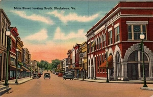 POSTCARD STREET SCENE MAIN STREET LOOKING SOUTH BLACKSTONE VIRGINIA - Picture 1 of 2