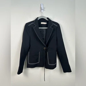 Tory Burch Black Contrast White Stitch Blazer Tie Front Grommet Size 2 - Picture 1 of 6